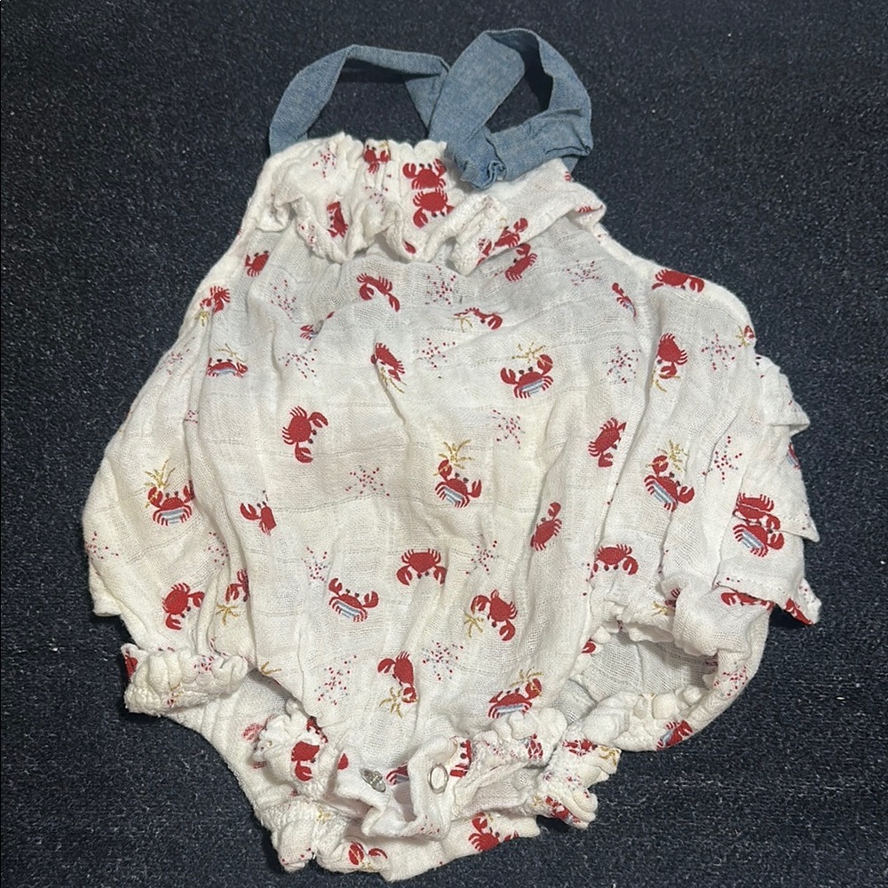 Mud Pie White Romper with Red Crab Print and Blue Straps